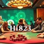 Exciting poker game at a luxury casino featuring Hi8823 chip stacks and a roulette wheel.