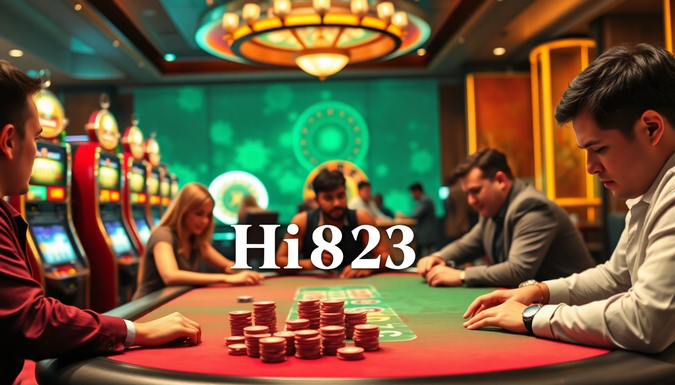 Exciting poker game at a luxury casino featuring Hi8823 chip stacks and a roulette wheel.