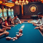 Players engaged at the MB66 poker table in a luxurious casino setting, emphasizing excitement.