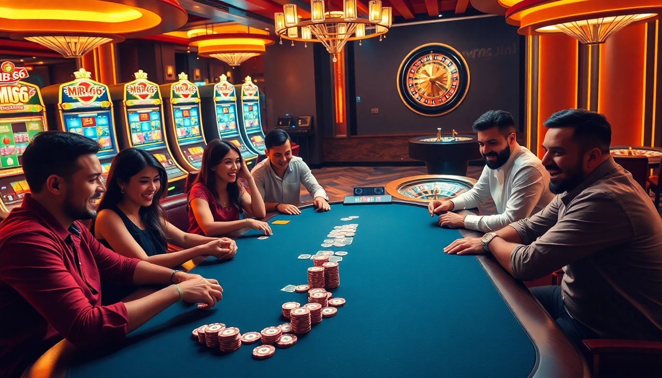 Players engaged at the MB66 poker table in a luxurious casino setting, emphasizing excitement.