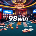 Experience the excitement of 98win with vibrant casino tables and colorful gaming elements.