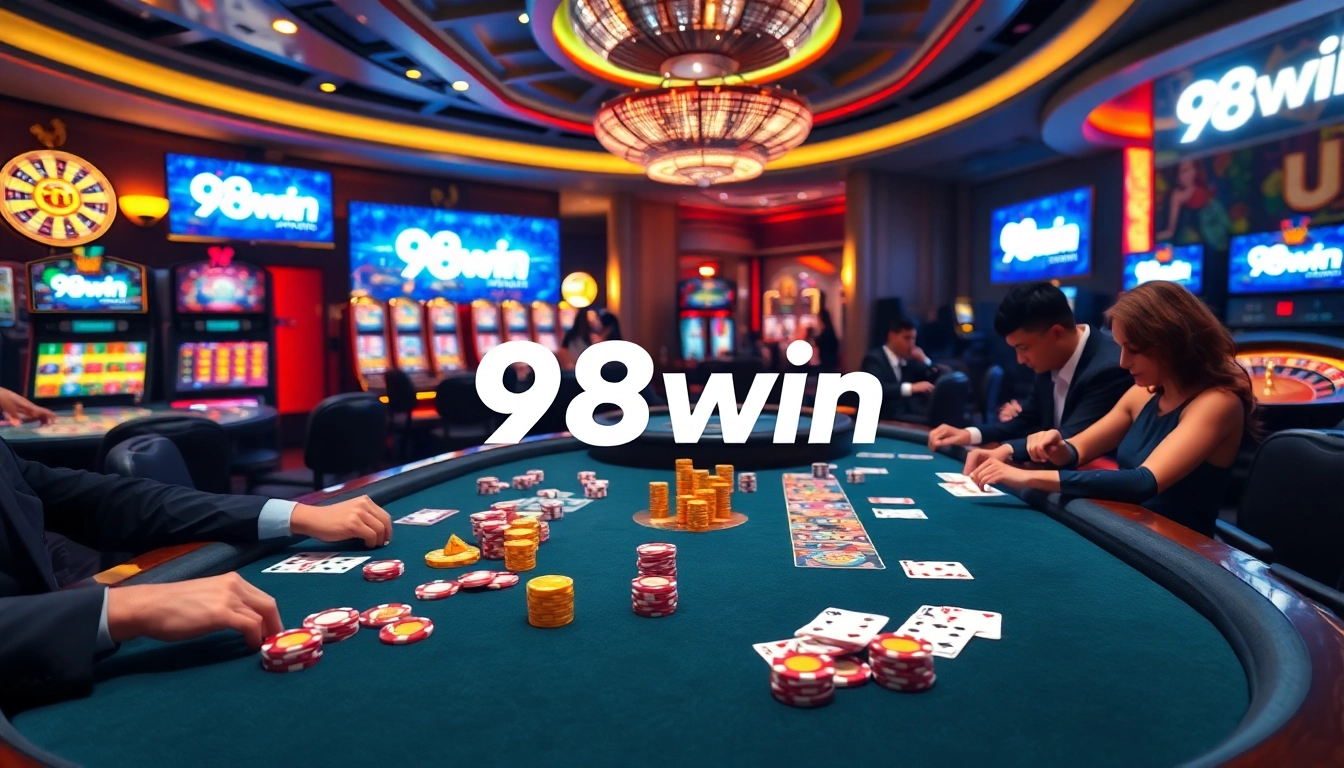 Experience the excitement of 98win with vibrant casino tables and colorful gaming elements.