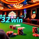 Engaging poker game scene showcasing 32win with vibrant chips and cards in a luxurious casino setting.