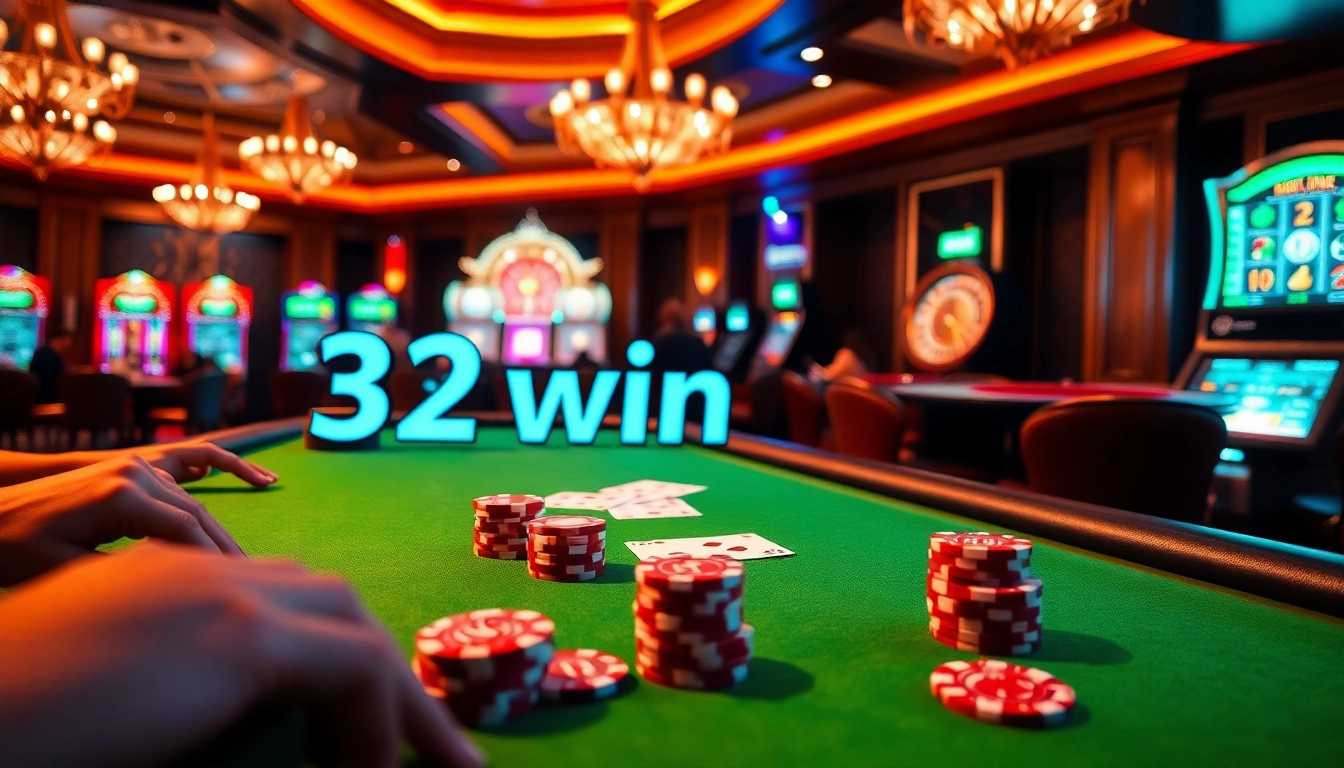 Engaging poker game scene showcasing 32win with vibrant chips and cards in a luxurious casino setting.