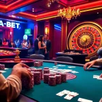 Engage with THABET's vibrant casino atmosphere, showcasing players at a high-stakes poker table.