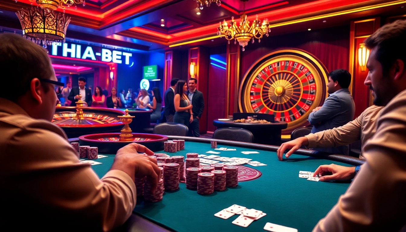 Engage with THABET's vibrant casino atmosphere, showcasing players at a high-stakes poker table.