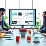 Engaging team collaboration in a modern blogging workspace at bloglabs.wiki, featuring digital displays and vibrant colors.
