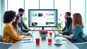 Engaging team collaboration in a modern blogging workspace at bloglabs.wiki, featuring digital displays and vibrant colors.