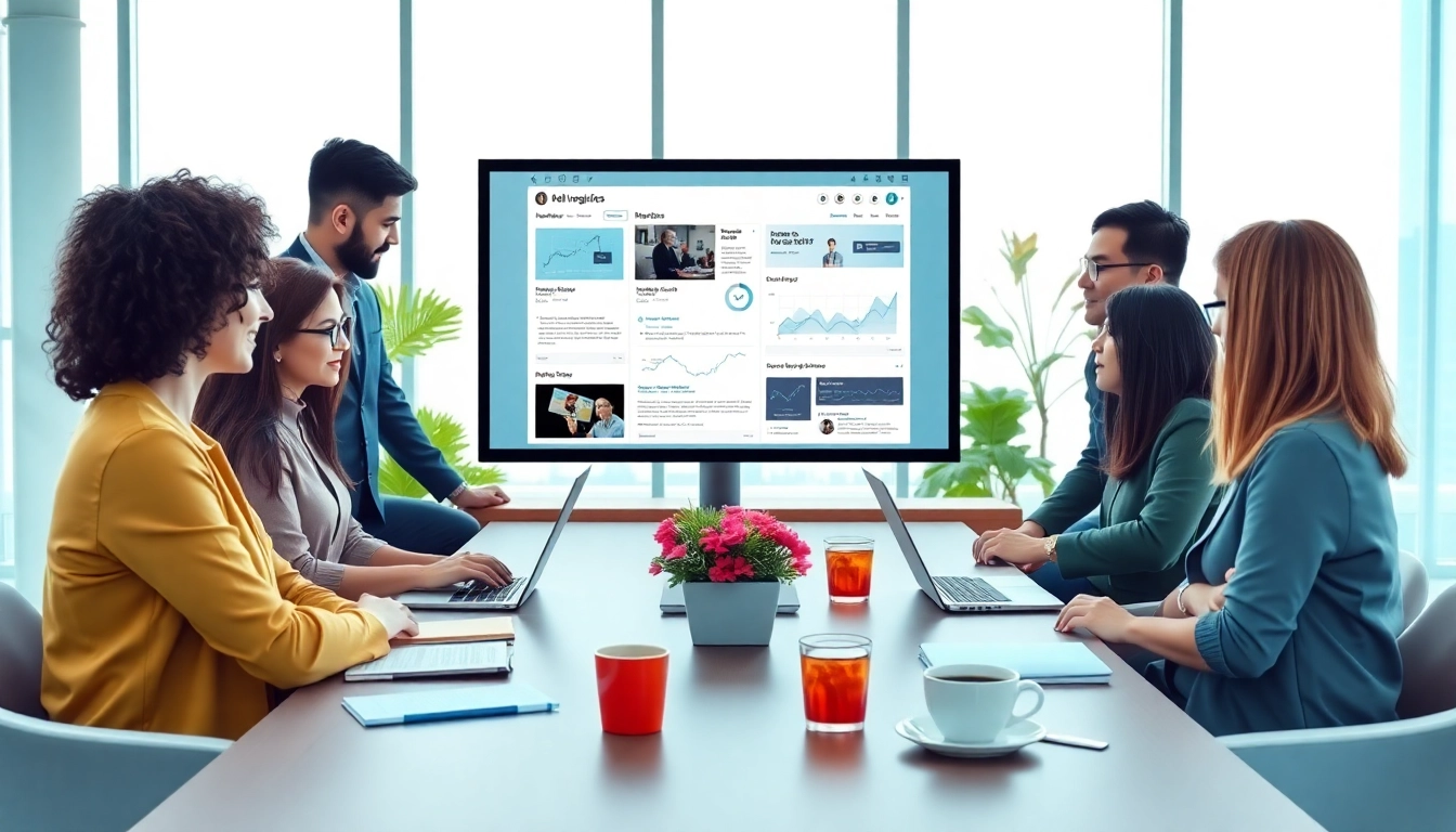Engaging team collaboration in a modern blogging workspace at bloglabs.wiki, featuring digital displays and vibrant colors.