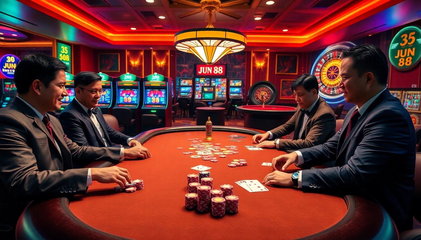 Experience the thrill of Jun 88 at a luxurious poker table surrounded by vibrant casino elements.