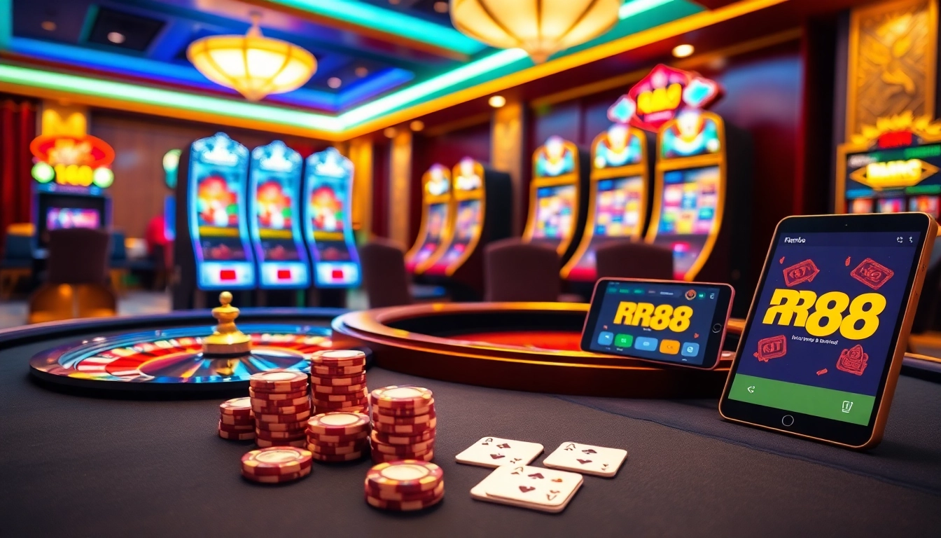 Excited players gambling at RR88 Casino with poker chips and roulette wheel.