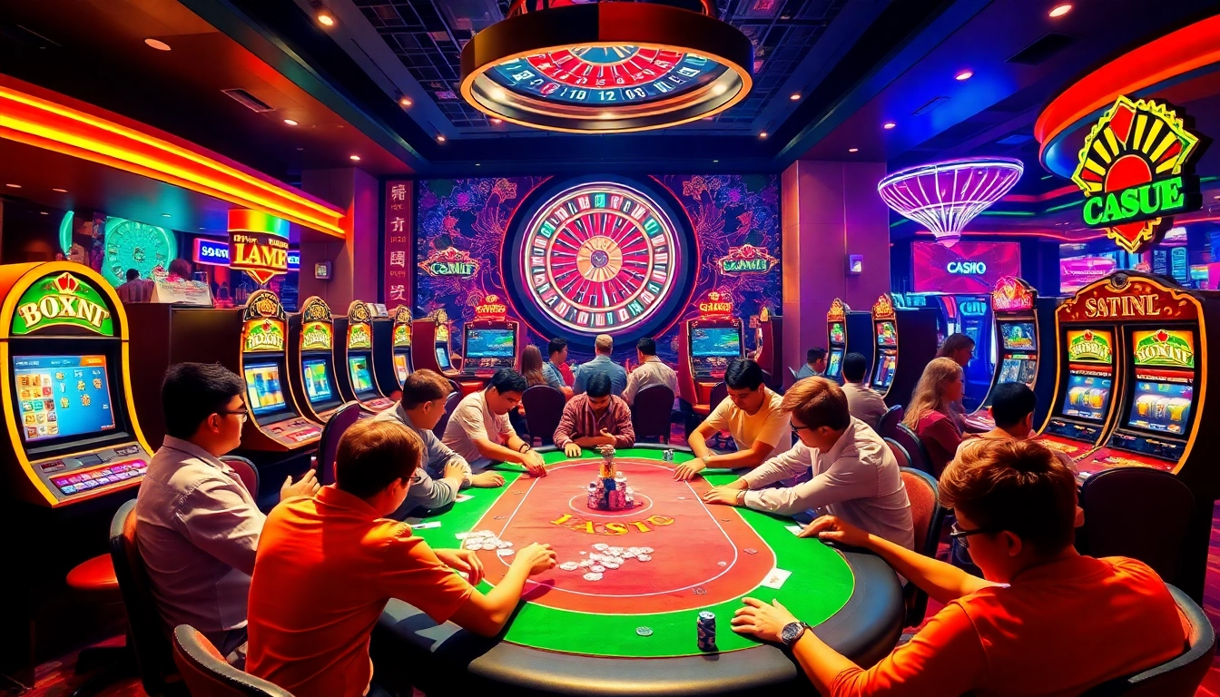 Players engaging in immersive gambling experiences at https://good88v.net/ casino tables and slot machines.