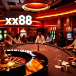Players enjoying a thrilling game at the luxurious xx88 casino, with vibrant slot machines and exciting roulette.