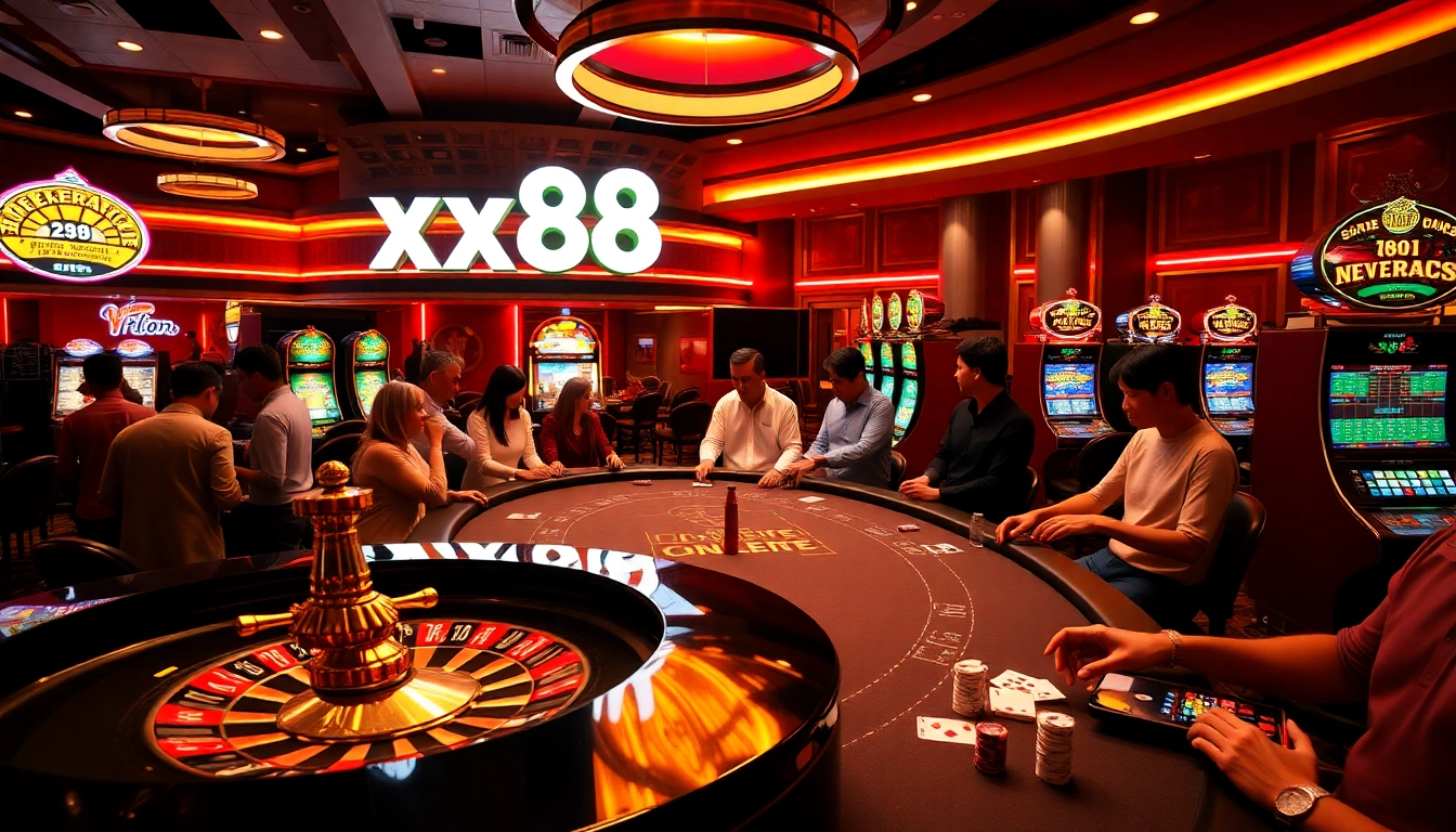 Players enjoying a thrilling game at the luxurious xx88 casino, with vibrant slot machines and exciting roulette.