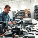 Engaged technician managing computer recycling newbury efforts in an organized facility.