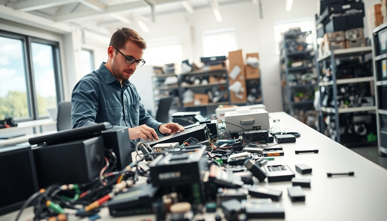 Engaged technician managing computer recycling newbury efforts in an organized facility.