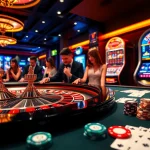 Experience the thrill of betting at DR88's modern casino tables with poker chips and roulette wheels.