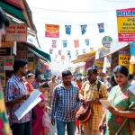 Engaging scene of Sri Lankans utilizing Hela Ads at a busy market.
