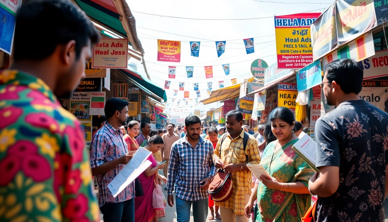 Engaging scene of Sri Lankans utilizing Hela Ads at a busy market.