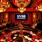 SV88 players engaging with a sophisticated roulette table in a luxurious casino setting.