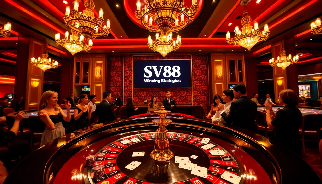 SV88 players engaging with a sophisticated roulette table in a luxurious casino setting.
