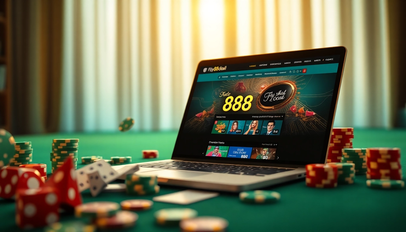 Online gambling experience on fly88deal with sophisticated laptop interface and vibrant casino elements.