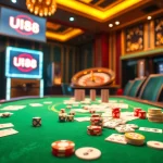 Engage in thrilling gameplay at UU88's luxurious casino with cards, chips, and a roulette wheel.
