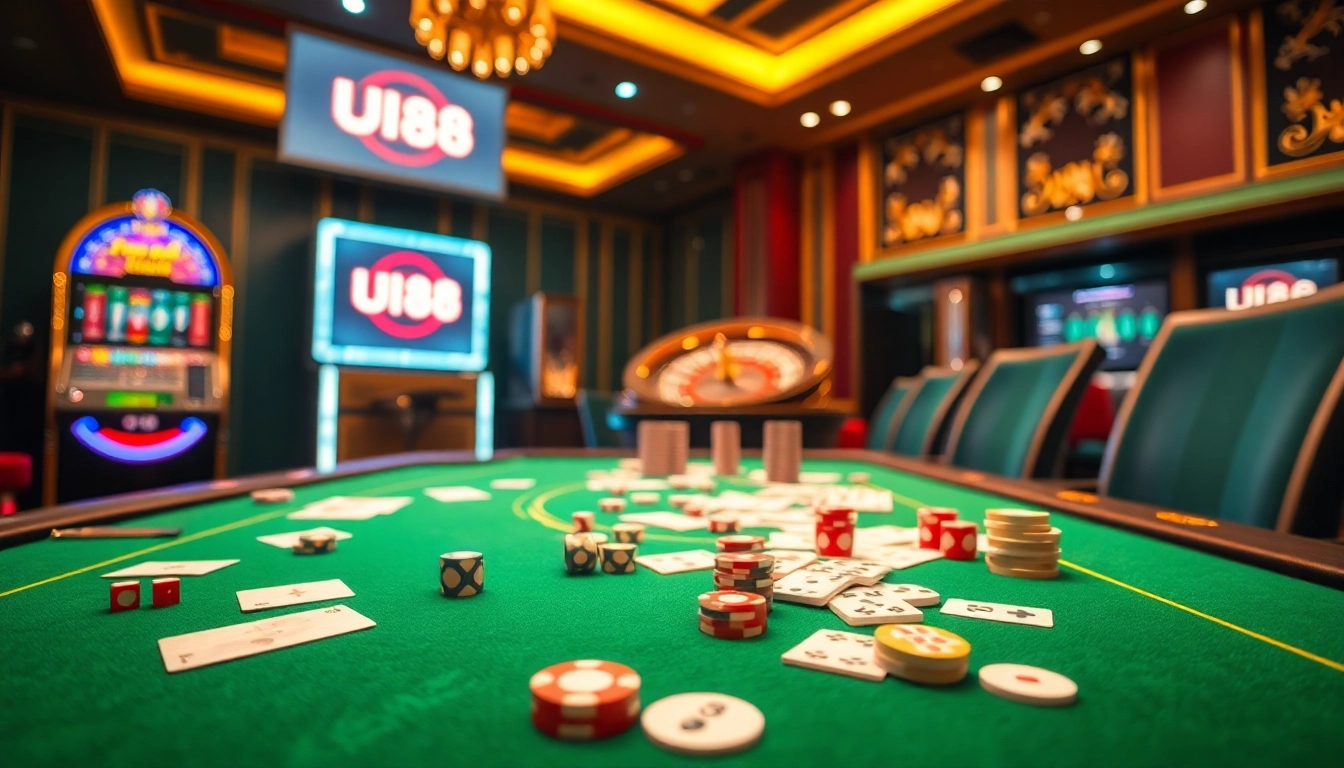 Engage in thrilling gameplay at UU88's luxurious casino with cards, chips, and a roulette wheel.