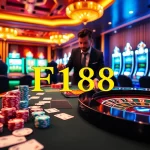 Engaging casino atmosphere with F168 logo, poker chips, and roulette wheel for thrilling gambling experience.
