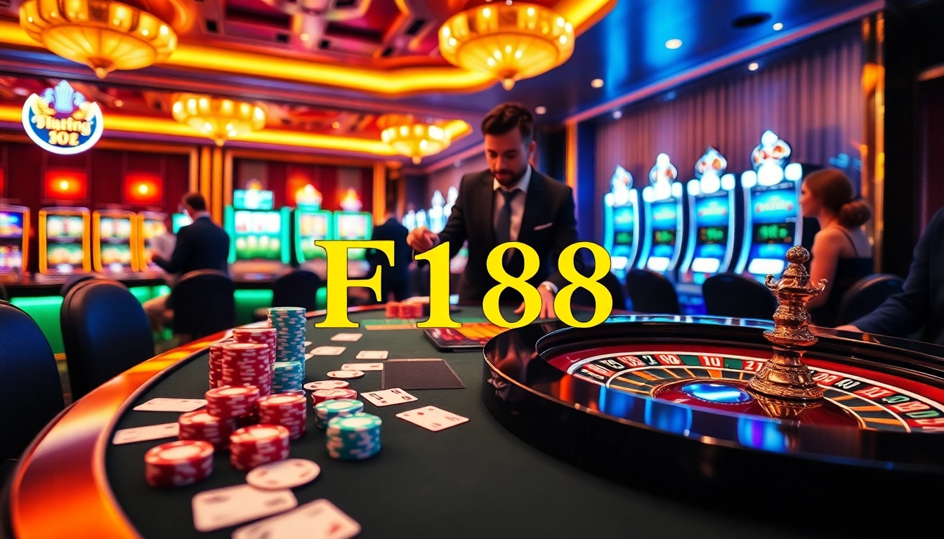 Engaging casino atmosphere with F168 logo, poker chips, and roulette wheel for thrilling gambling experience.
