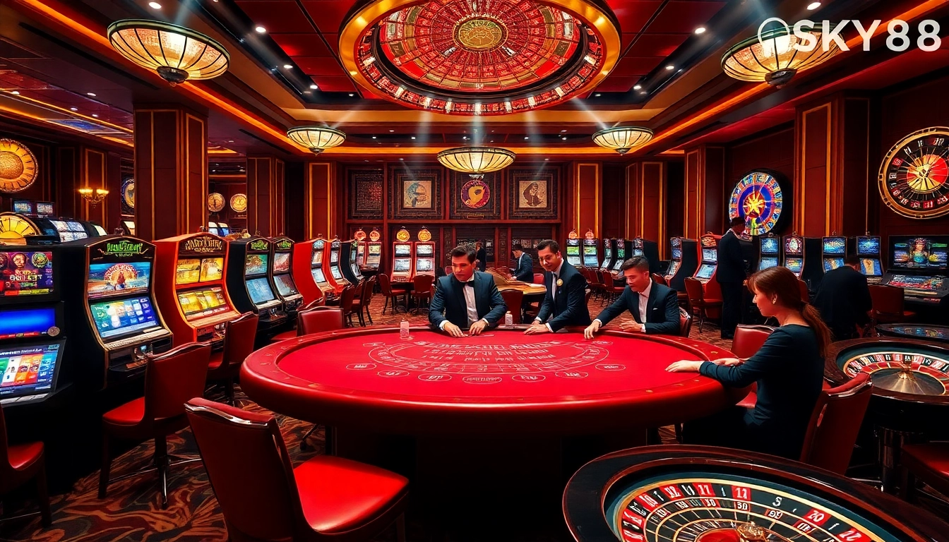 Engaging players at a baccarat table, showcasing the luxurious atmosphere of SKY88 online casino.