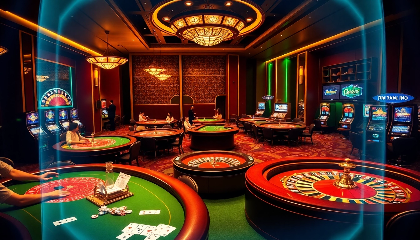 Players enjoying various games at nhà cái 123WIN, showcasing poker tables and vibrant casino elements.