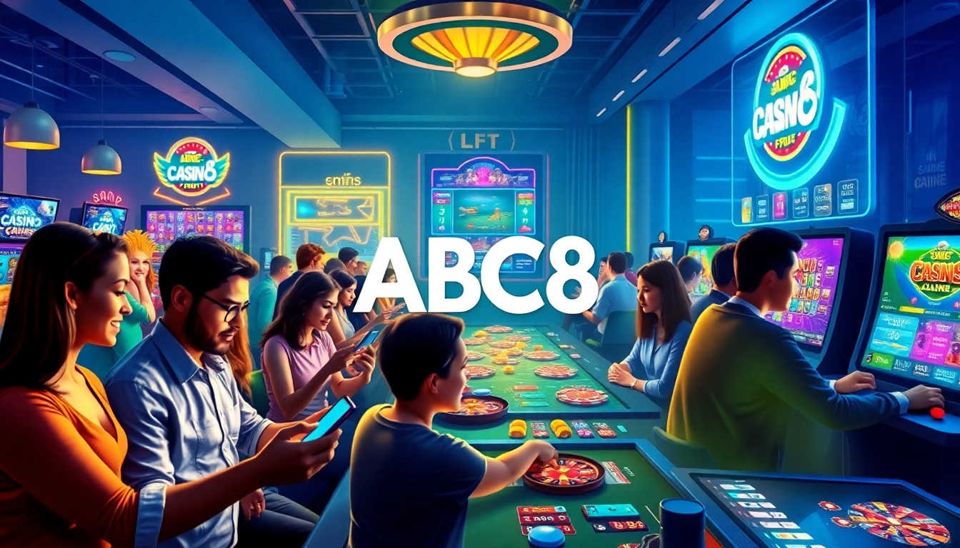 Dynamic casino scene featuring diverse players engaging with ABC8's online gambling platform, highlighting excitement and accessibility.