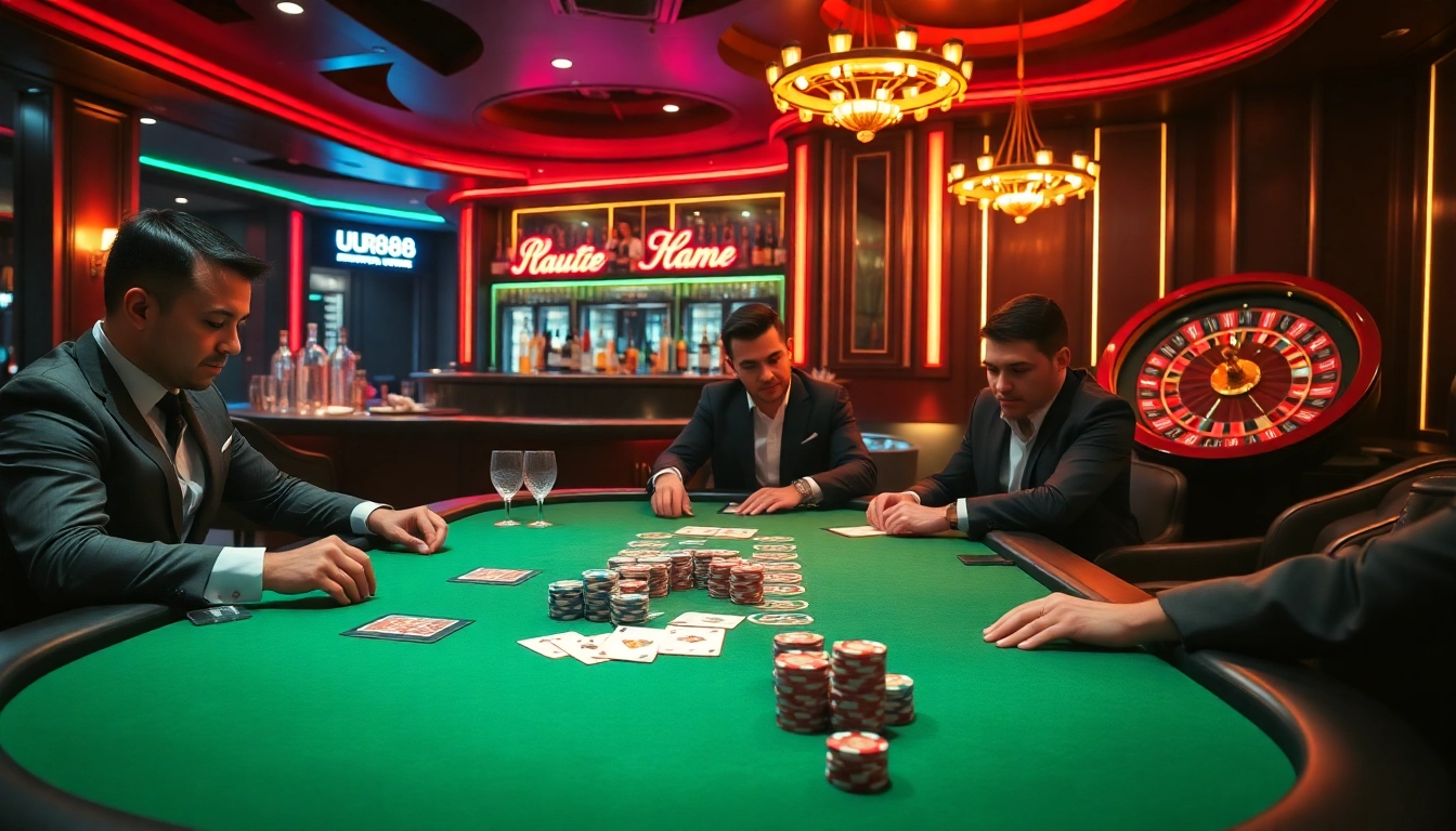 Engage in thrilling poker action at UU88's luxurious casino tables featuring vibrant neon lights.