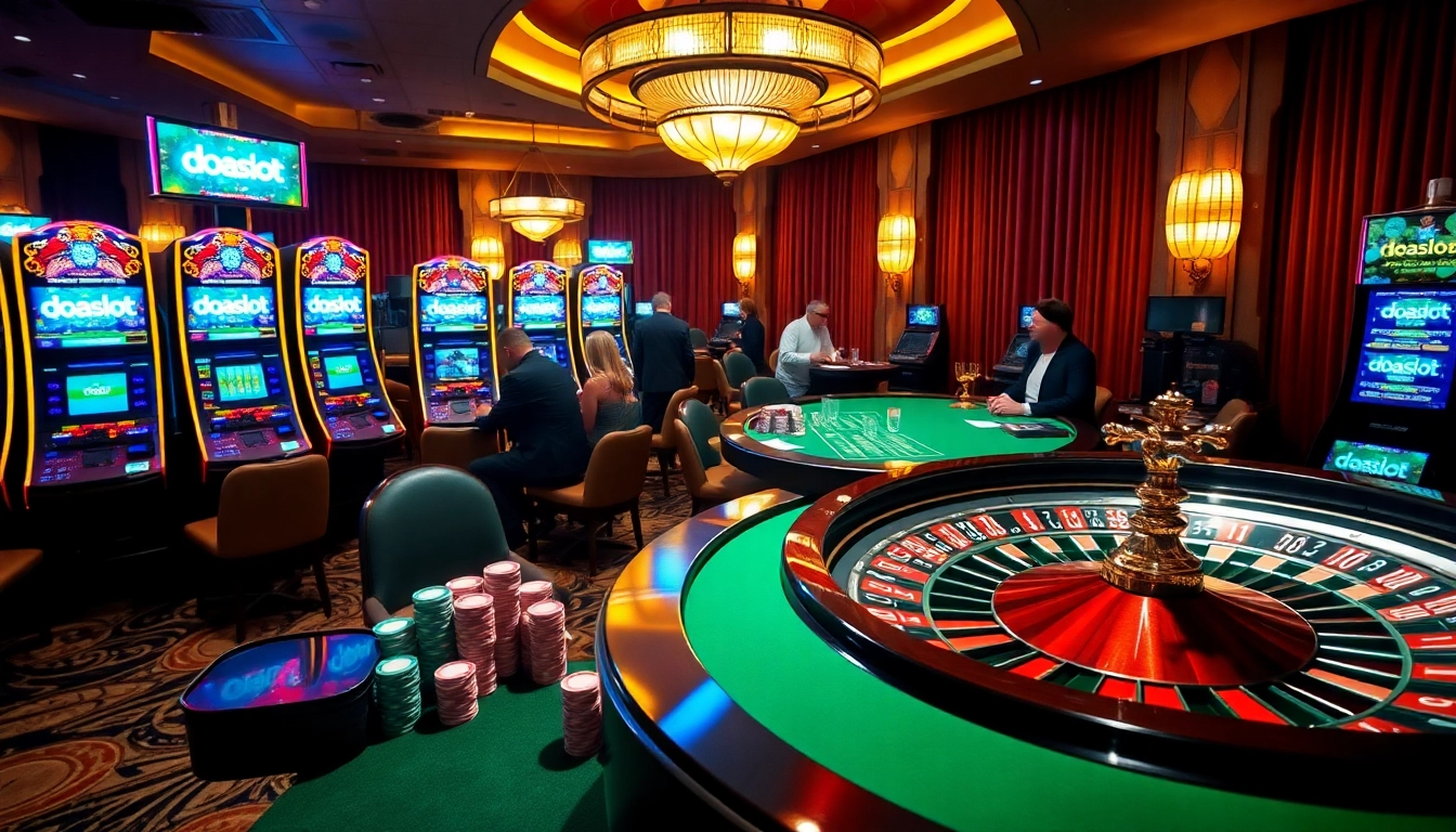 Players enjoying exciting slot games at doaslot in a luxurious casino atmosphere.