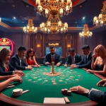 Excited players betting on lucky88 at a high-stakes poker table, showcasing a vibrant casino atmosphere.