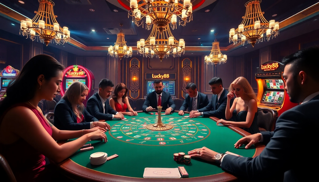 Excited players betting on lucky88 at a high-stakes poker table, showcasing a vibrant casino atmosphere.