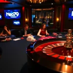 Exciting casino gameplay at Neo79 with poker chips and a roulette wheel.