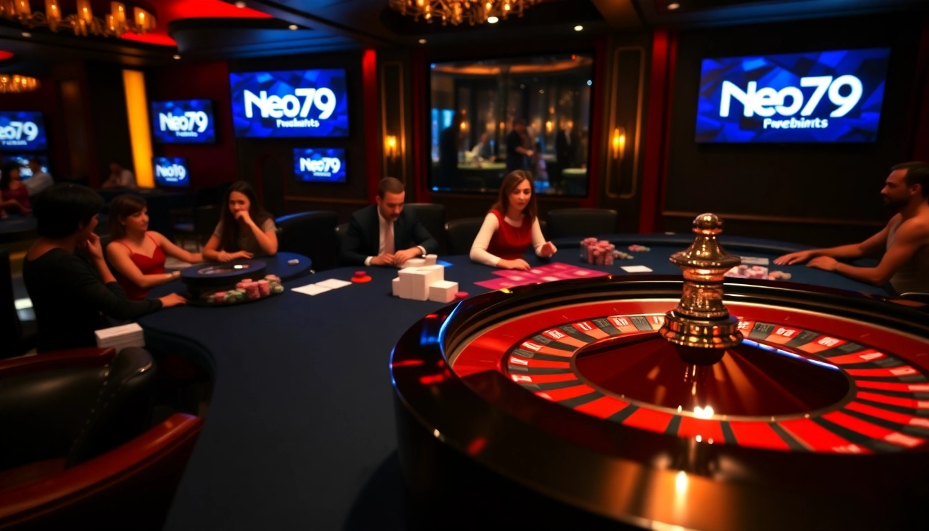 Exciting casino gameplay at Neo79 with poker chips and a roulette wheel.