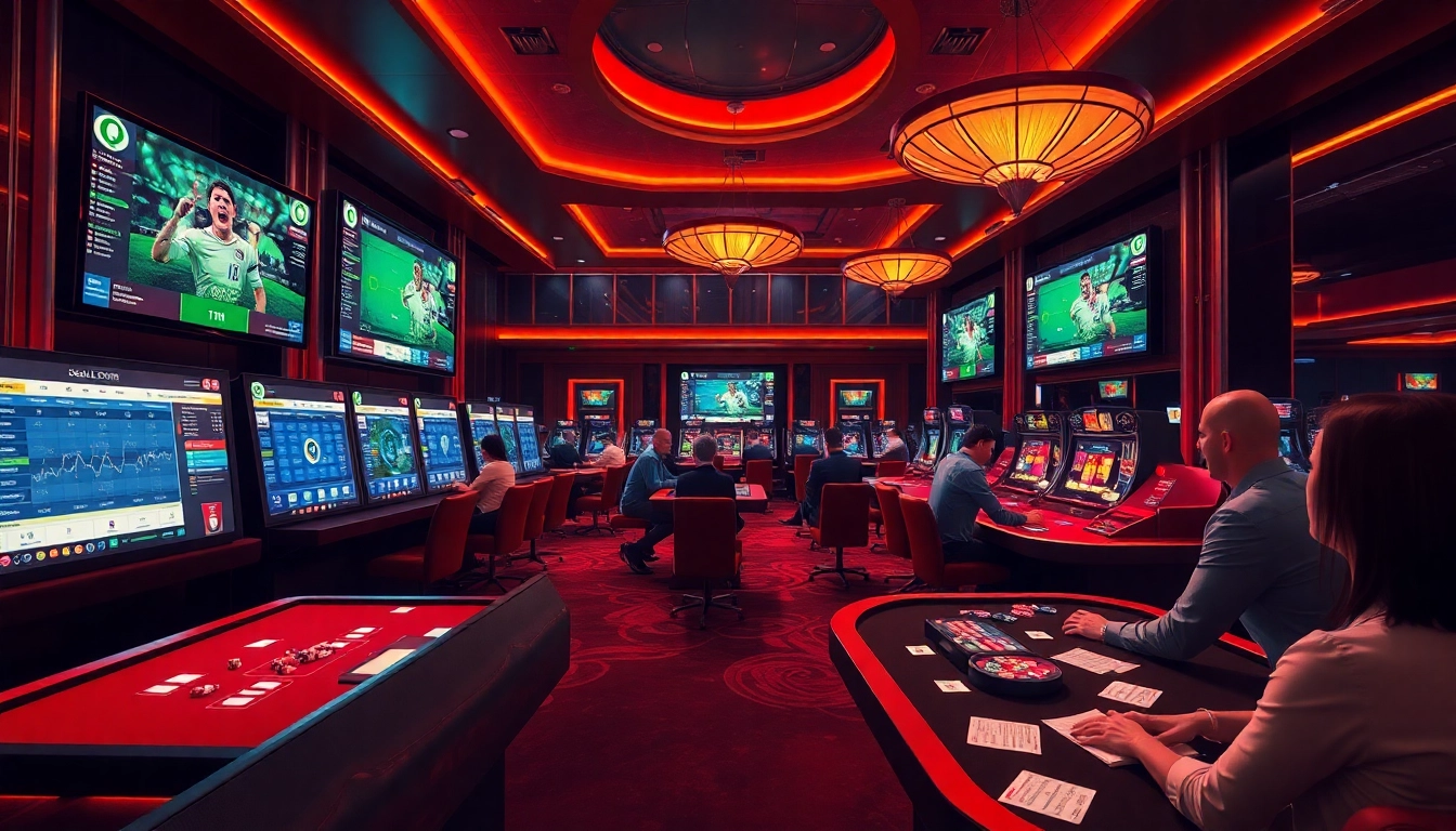 7m captivating sports betting scene with gamblers placing bets and live scores displayed.