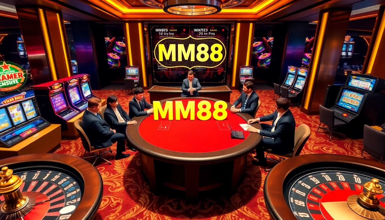 Experience high-stakes gaming at MM88's luxurious online casino, featuring poker and vibrant slot machines.