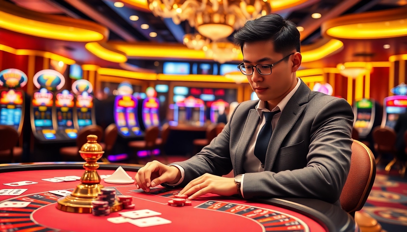 Tác giả Trần Chinh engages in strategic gambling at a luxurious casino table.