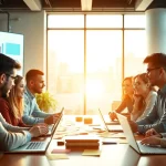Engaged team at a digital marketing agency collaborating with visuals in a bright office.