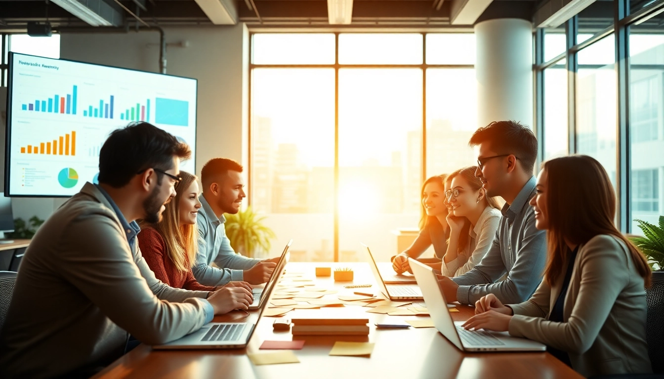 Engaged team at a digital marketing agency collaborating with visuals in a bright office.