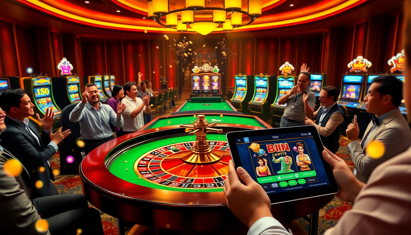 Luckywin players celebrating big wins at a vibrant casino table with colorful chips and roulette.