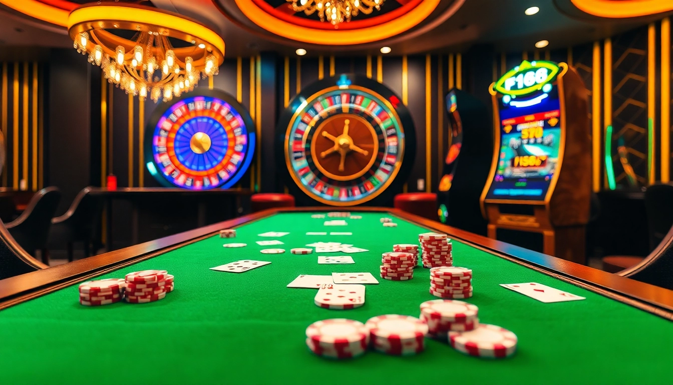 Experience thrilling gameplay with F168-themed casino tables and vibrant slot machines.