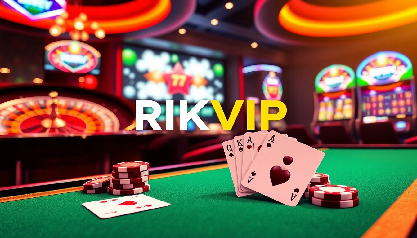 Experience thrilling online gambling at rikvip.gb.net with luxury casino tables and vibrant slot machines.