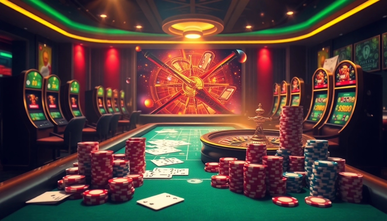 Experience the thrill of online gambling at mb66.nyc with vibrant casino visuals showcasing tables and exciting gameplay.