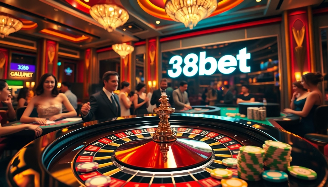 Experience the thrill at 388bet's luxurious casino, featuring roulette and vibrant gaming elements.
