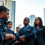 Private security team engaged in a strategy session against an urban backdrop.